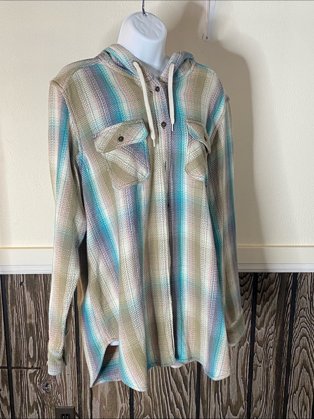 Kavu Hooded Plaid Button-Up in Tan, Cream & Teal